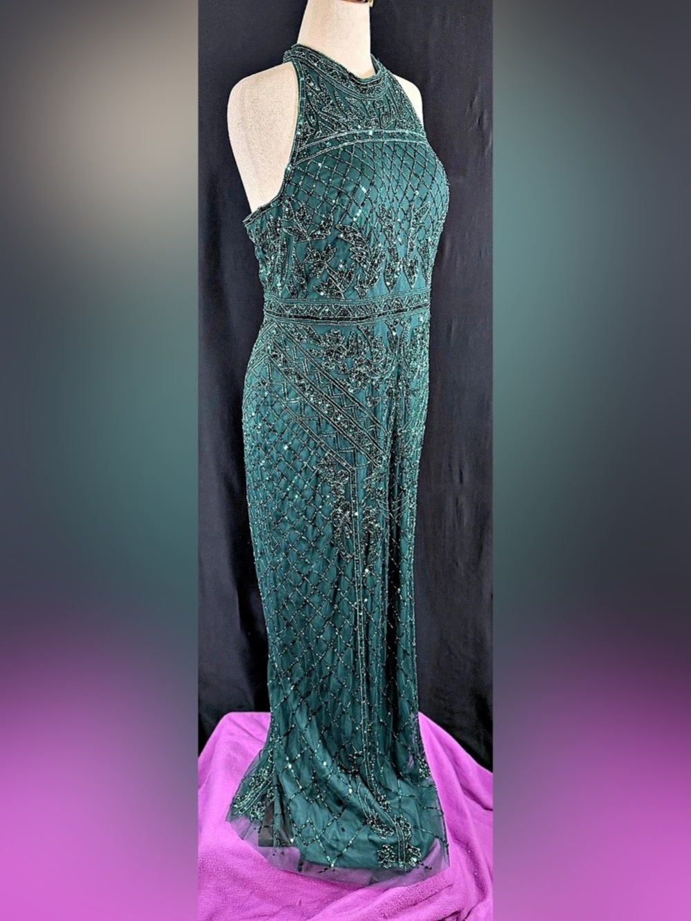 Adrianna Papell Gown XL Beaded Formal Halter neck Emerald Green BlackTie Ball